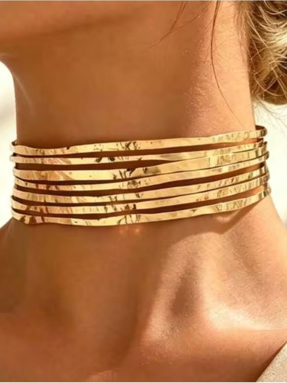 Gold Multi-Row Hammered Choker Necklace